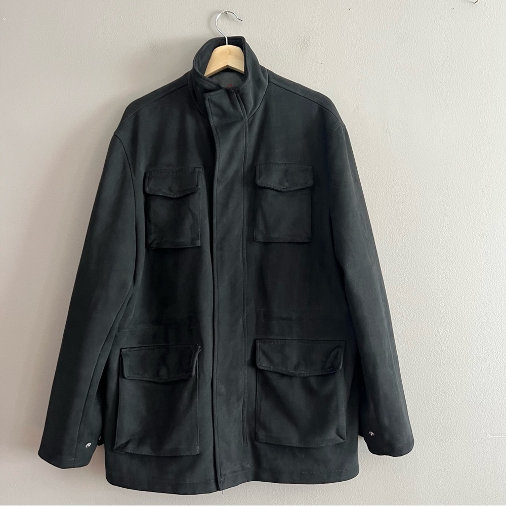 Robert Graham Cargo Field Jacket Men XL Black Snap Zip Lined Faux Suede * Stain